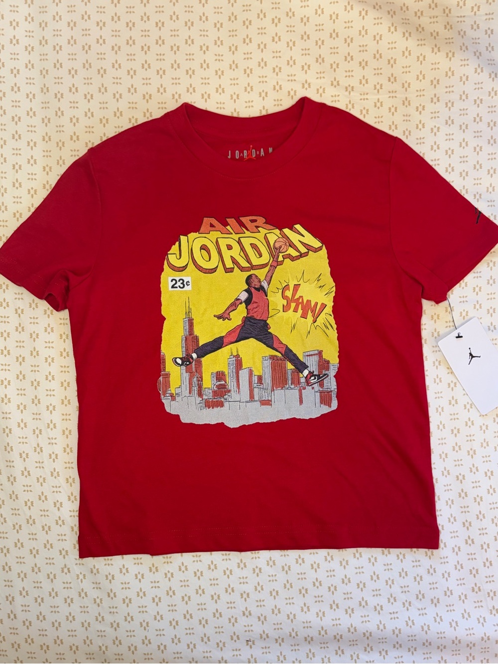Jordan Red Short-Sleeve Tee with Yellow & Black Comic Graphic